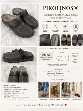 Pikolinos Women’s Leather Mule Clogs EU 38 US 7.5-8 Gray Brown Comfort Shoes